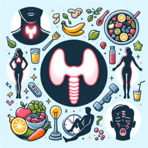 Grafika przedstawiająca elementy zdrowia i dobrego samopoczucia: tarczycę, zdrowe jedzenie, sylwetkę kobiety, aktywność fizyczną, wodę, sen i stres. Dietetyk Katowice.