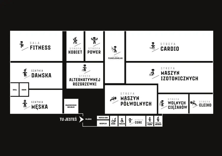 Graficzny plan klubu fitness z zaznaczonymi strefami takimi jak sala fitness, strefa kobiet, i sauna.