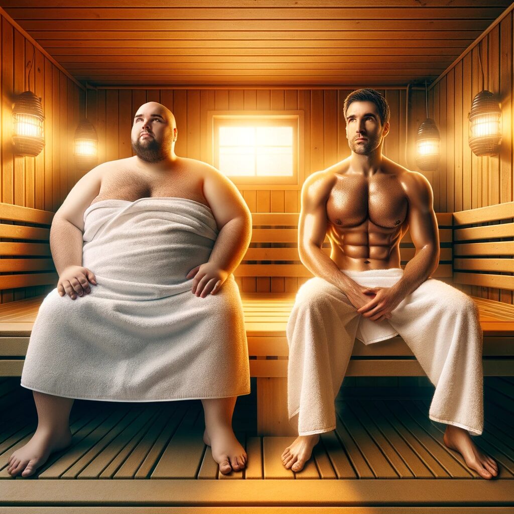Dwie osoby siedzące w saunie, jedna z nadwagą, a druga umięśniona.